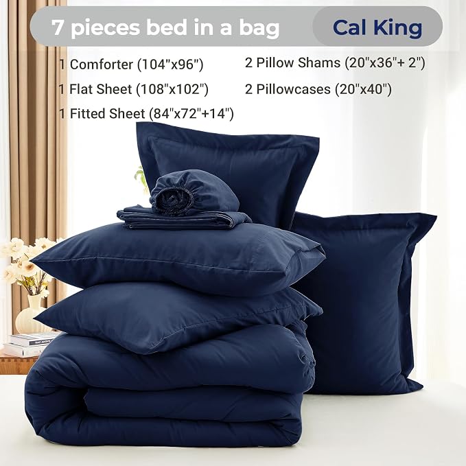 7 Pieces California King Comforter Set, Soft Bed in a Bag Cal King Size, All Season Bedding Set with Comforter, Flat Sheet, Fitted Sheet, Pillowcases & Shams, Navy Blue