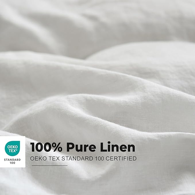 Simple&Opulence 100% French Linen Duvet Cover Set with Embroidered,3 Pcs Washed Soft Farmhouse Bedding Set with Button Closure,1 Comforter Cover and 2 Pillowshams(King,White)