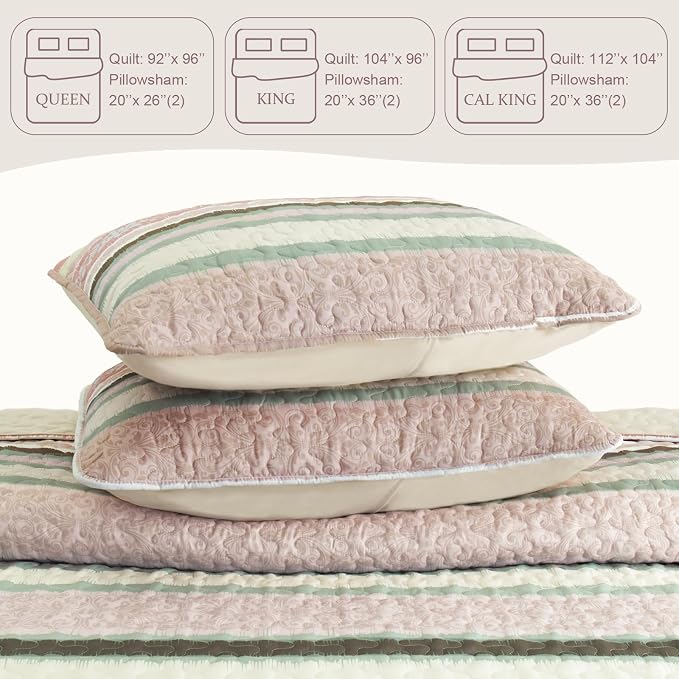 Exclusivo Mezcla Reversible Boho Quilts Queen Size Pink | Lightweight Soft Bedspreads, All Season Striped Coverlet Bedding Set, Printed Floral Pattern, 1 Quilt and 2 Pillow Shams
