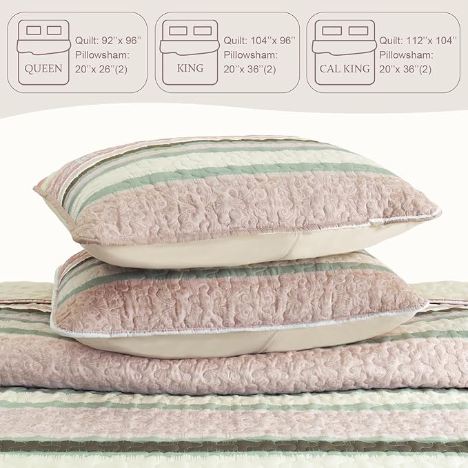 Exclusivo Mezcla Reversible Boho Quilt King Size Pink | Lightweight Soft Bedspreads, All Season Striped Coverlet Bedding Set, Printed Floral Pattern, 1 Quilt and 2 Pillow Shams
