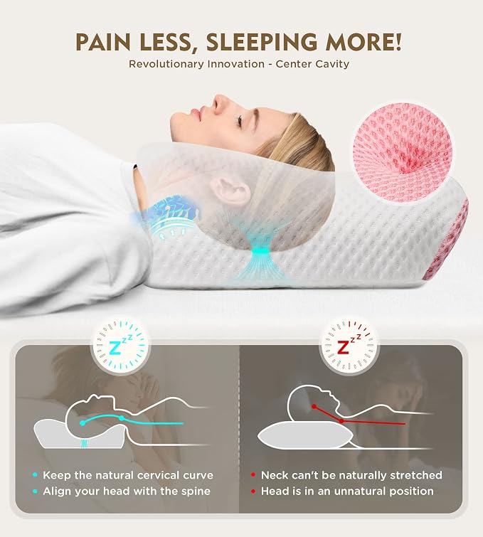 Cervical Pillow for Neck Pain Relief, Hollow Design Odorless Memory Foam Pillows with Cooling Case, Adjustable Orthopedic Bed Pillow for Sleeping, Support for Side Back Sleepers