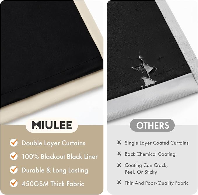 MIULEE Cream Beige 100% Blackout Curtains for Bedroom 90 Inch Long | 2 Thick Layers Thermal Insulated Window Curtains with Black Liner, Noise Reducing Grommet, Drapes for Living Room, 2 Panels