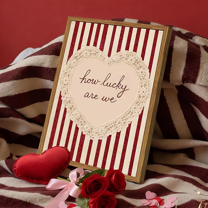 Framed How Lucky Are We Wall Art, Vintage Red Striped Pictures Wall Decor, Romantic Lace Heart Quote Paintings Canvas Prints Coquette Home Decor for Living Room Bedroom Bathroom 16x24 inch