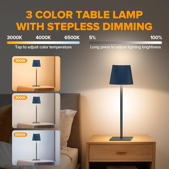 LUTEC 4 Pack Cordless Table Lamp,6000mAh Rechargeable Battery Operated Desk Lamp,Two Adjustable Heights,Waterproof, Touch Control & 3 Color Stepless Dimming for Restaurant/Bedroom/Bars/Outdoor (Blue)