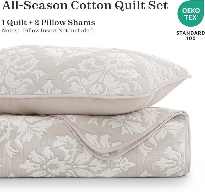 Exclusivo Mezcla Cotton Quilts Queen Size Beige | Soft Lightweight Bedspread, Breathable Prewashed Yarn Dyed Muslin, All Season Bedding Set, Boho Coverlet With 2 Pillow Shams