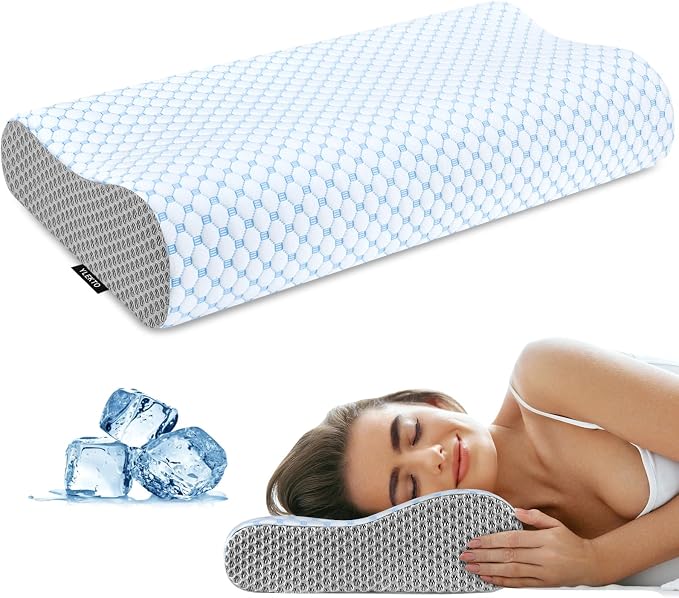 Cervical Pillow for Neck Pain Relief, Contour Memory Foam Pillows for Sleeping, Ergonomic Pillow Cooling Pillow Bed Pillow Neck Support for Side Back Stomach Sleepers (Blue & Grey, Queen Size)