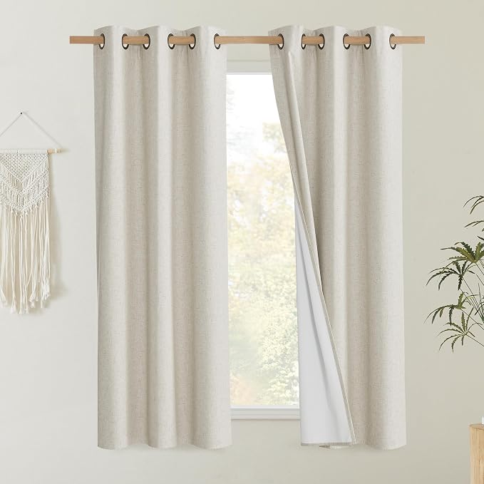 NICETOWN Natural Blackout Curtains for Bedroom 34" Wide x 60" Long 2 Panels | Thick Linen Blend Rustic Grommet Thermal Insulated Flax Textured Draperies with White Liners, Full Blackout Home Decor