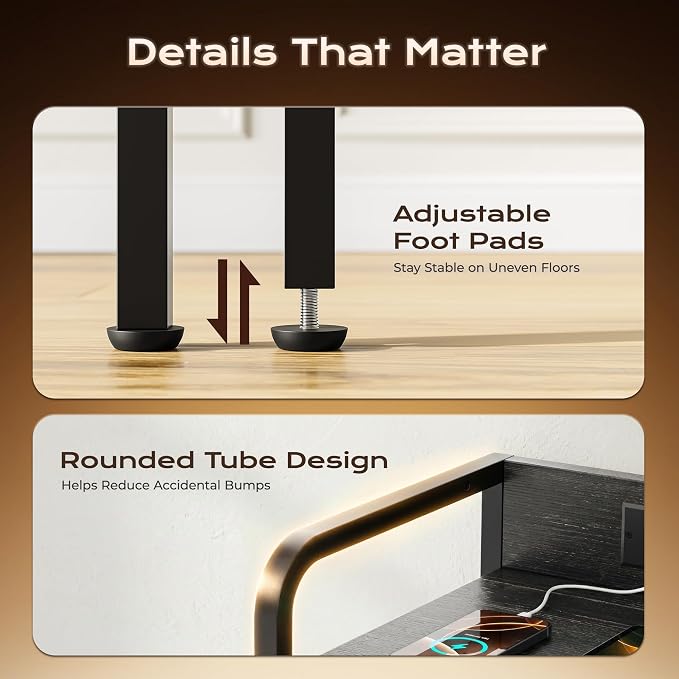 Huuger Nightstands Set of 2, Night Stand with LED Lights, Charging Station | USB-C Ports, 2 Drawers Bedside Table, Open Shelf, 2-Way Power Panel Install, End Table, Charcoal Black Wood Grain Print
