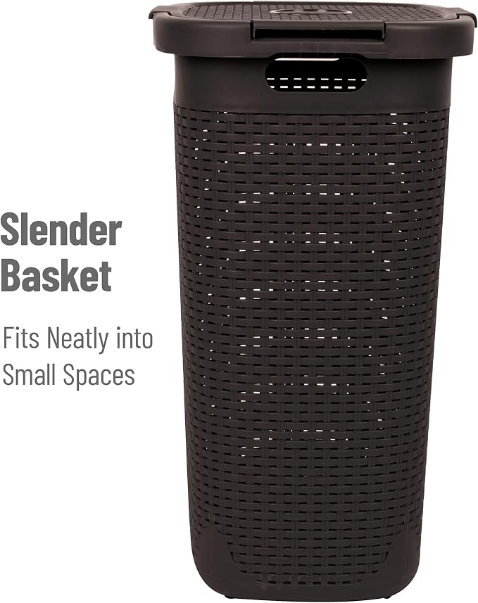 Mind Reader Slim Laundry Hamper with Lid, 60L Tall Clothes Basket, Narrow Tapered Design for Bathrooms, Closets and Laundry Rooms, Plastic, 2 Pack, Brown