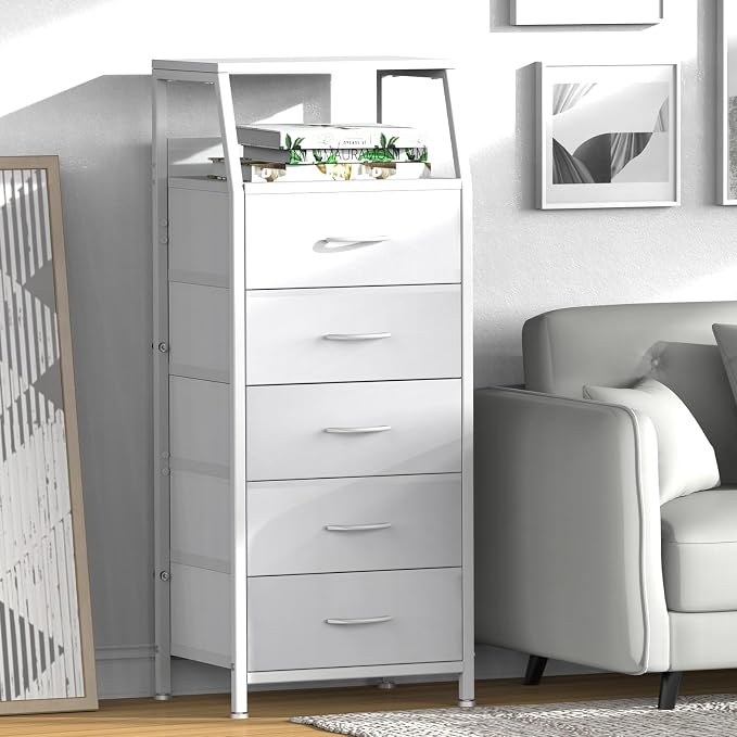 5 Drawers White Tall Fabric Dresser for Bedroom, Dorm Nightstand | Vertical Storage Tower Closet Organizer, Skinny Narrow Bedside Table for Entryway, Steel Frame, Wooden Top