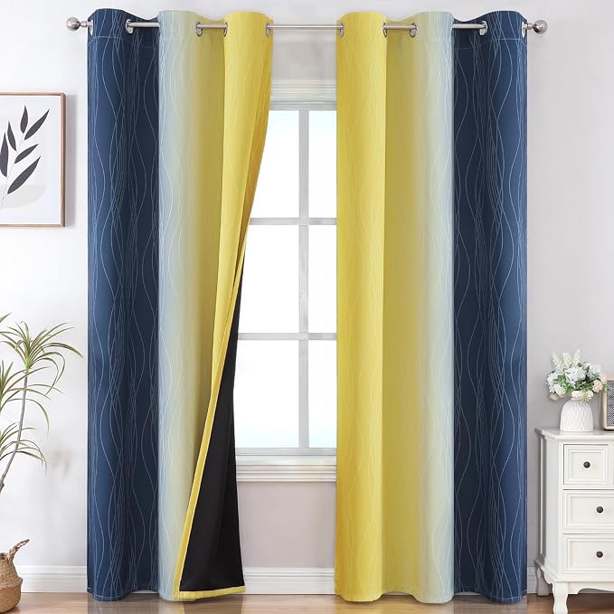 Navy Blue and Yellow Ombre Blackout Curtains for Living Room 84 Inch Long | Estelar Textiler Room Darkening Gradient Curtains for Bedroom,Thermal Insulated,Energy Saving Grommet Drapes,42Wx84L,2 Panels