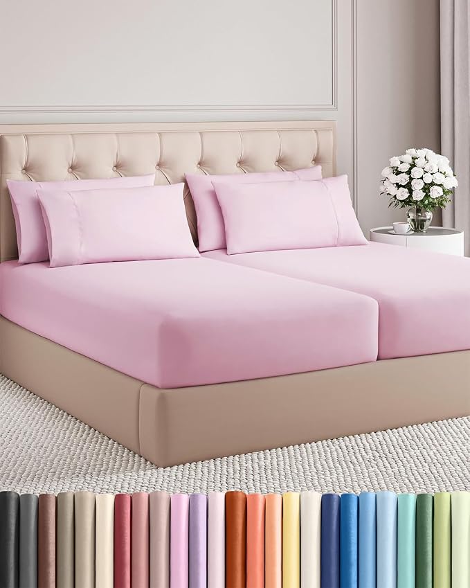 Split King 7 Piece Bed Sheet Set - Comfy, Breathable & Cooling - Light Pink | Ultra-Soft Hotel Luxury Bedding Set w/ 8-16 Inch Deep Pockets, 1 Flat & 2 Fitted Sheet & 4 Pillowcases, Wrinkle & Fade Free