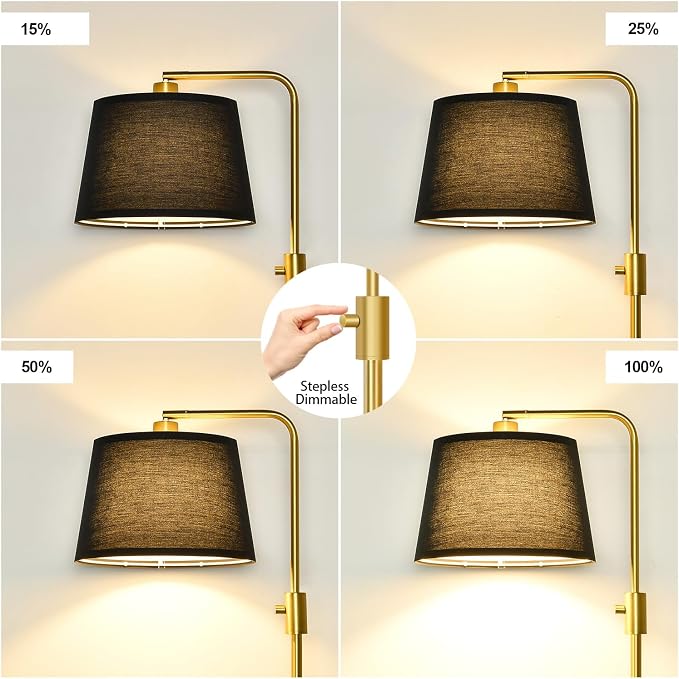 Nintiue Dimmable Gold Floor Lamp, 1000 LM LED Edison Bulb Included, Arc Floor Lamps for Living Room with Black Shade, Modern Standing Lamp Tall Lamps for Living Room Bedroom