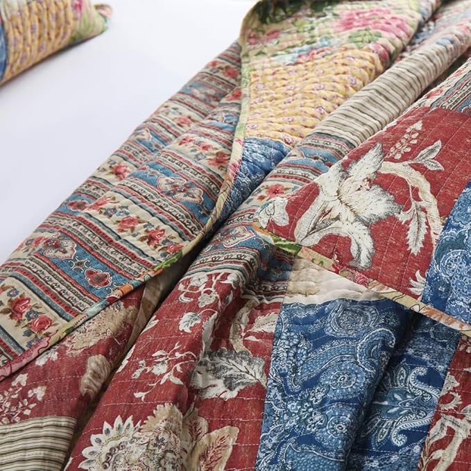 VISIMISI Cotton Bedspread Quilt Sets Reversible Bedding Coverlet Sets 3 Pieces Gorgeous Rustic Vintage Floral Red Yellow Patchwork Bedspread, Queen Size