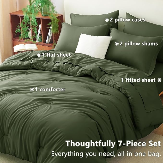 California King Comforter Set Olive Green, 7 Pieces Bed in a Bag | OEKO-TEX Certified, All-Season, Bedroom, 240GSM Down Alternative Comforter, Flat & Fitted Sheets, 2 Pillowcases & 2 Shams
