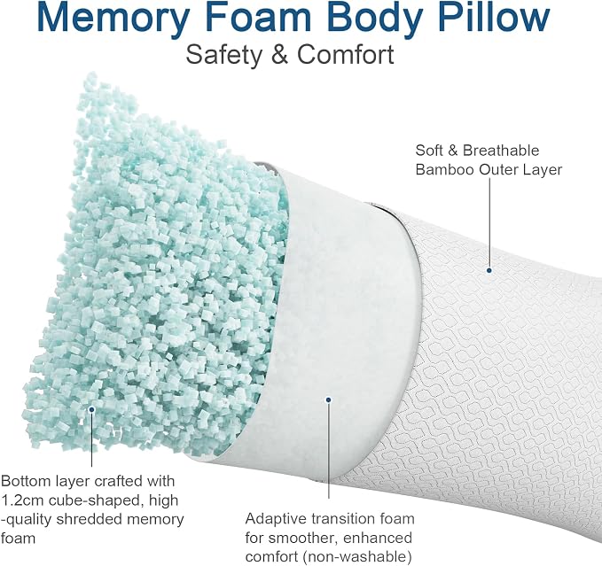 Extra Long Body Pillow Memory Foam 180x50cm – Firm King Size Body Pillows for Adults – with Cooling Cover 21 x 72 inches