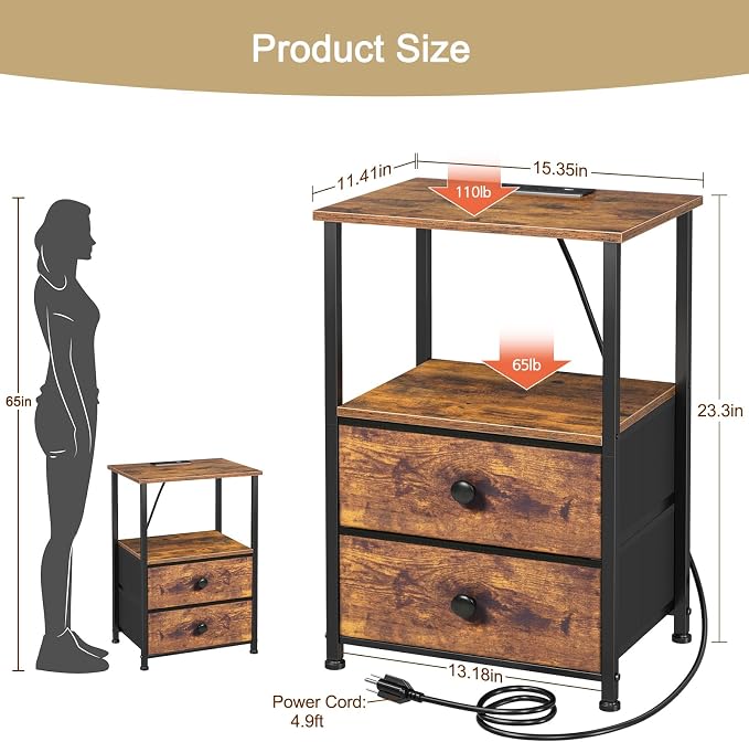 Nightstands Set of 2, Night Stand with Charging Station | Bedside Table with 2 Fabric Drawers for Bedroom, End Tables with Storage Shelf for Small Spaces, Rustic Brown