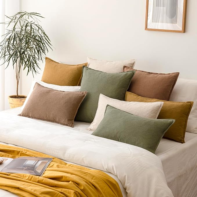 Foindtower Linen Decorative Throw Pillow Covers 18x18 Olive Branch Green | Pack of 2 Boho Farmhouse Neutral Pillowcase,Soft Euro Accent Cushion Covers,Home Decor for Bed Couch Sofa Bedroom Living Room