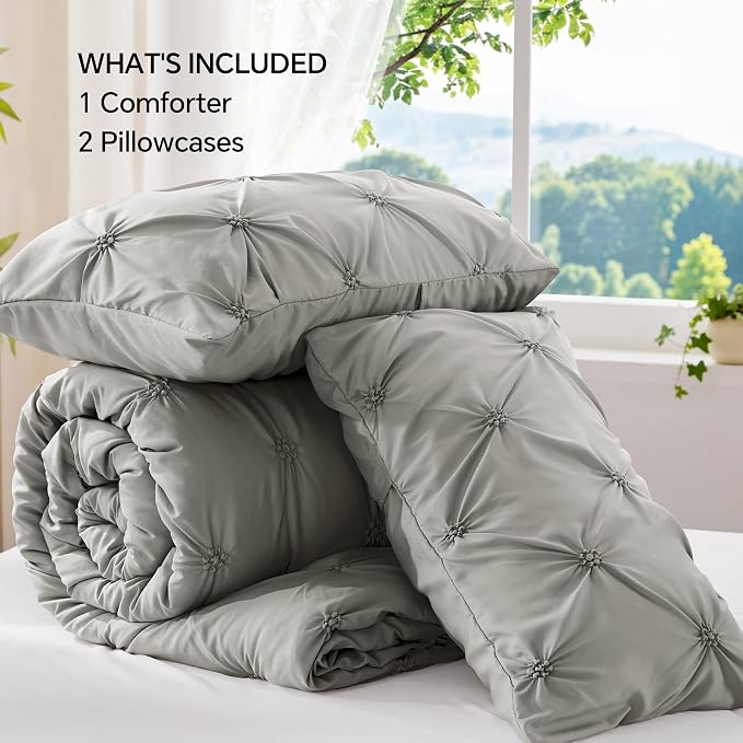 BEDELITE Queen Comforter Set Grey,Lightweight & Soft Comforter | Pintuck Boho Bedding, Warm & Cute Bed Set for All Season,With 2 Pillowcases