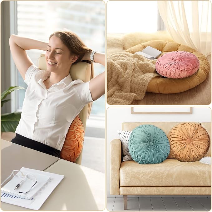 Kathfly 4 Pcs Round Throw Pillows Velvet,Orange, Yellow, Pink, Green | Pleated Pumpkin Design, Soft Velvet Fabric for Bed Sofa Chair, 14 Inch Diameter Floor Cushion, Elegant Home Decor Accent