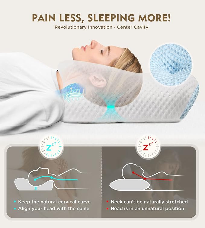 Cervical Pillow for Neck Pain Relief, Hollow Design Odorless Memory Foam Pillows with Cooling Case, Adjustable Orthopedic Bed Pillow for Sleeping, Support for Side Back Sleepers