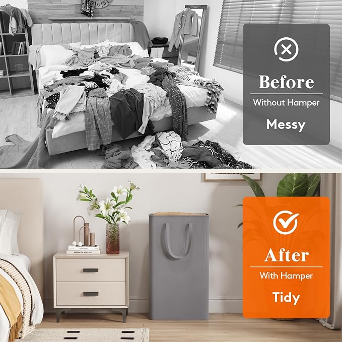 Lifewit Slim Collapsible Laundry Basket with Handles, 65L, Grey | Narrow Laundry Hamper for Dirty Clothes, Tall Thin Laundry Bin, Small Clothes Hamper for Bathroom, Bedroom, RV, Dorm