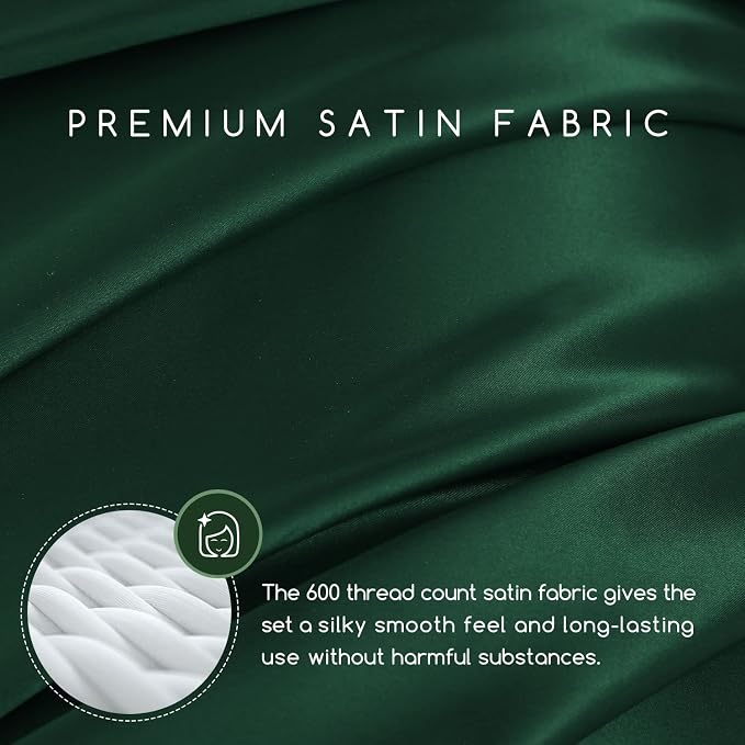 MR&HM Satin Sheets Queen Size with Elastic Corner Straps, Dark Green | Similar to Silk, 6-Piece Silky Soft Bed Sheet Set, Gentle on Skin and Hair, 15" Deep Pocket, Cooling & Breathable