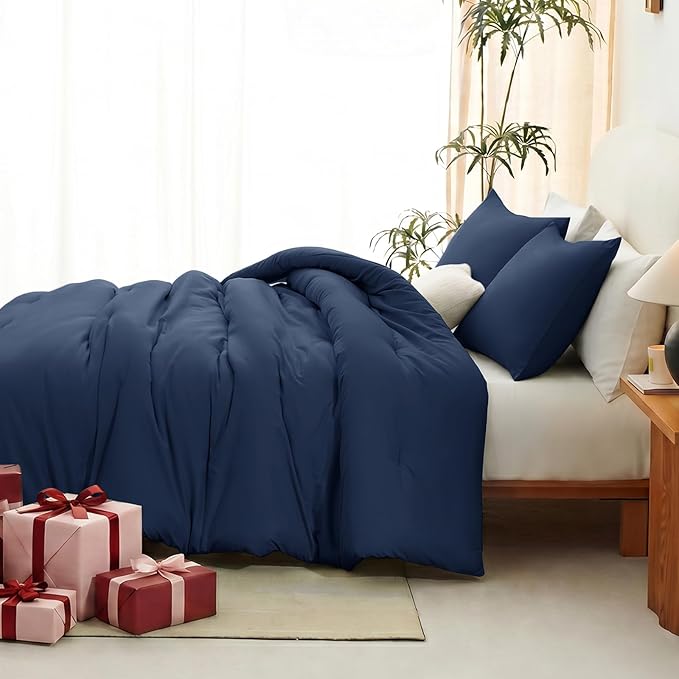 Oversized King Comforter Set, 3 Pieces Navy Blue Quilted Bedding | 270 GSM Down Alternative Fill, 4 Corner Ties for Duvet Insert Use, All Season, OEKO-TEX Certified, 2 Pillowcases, 120 x 98 in