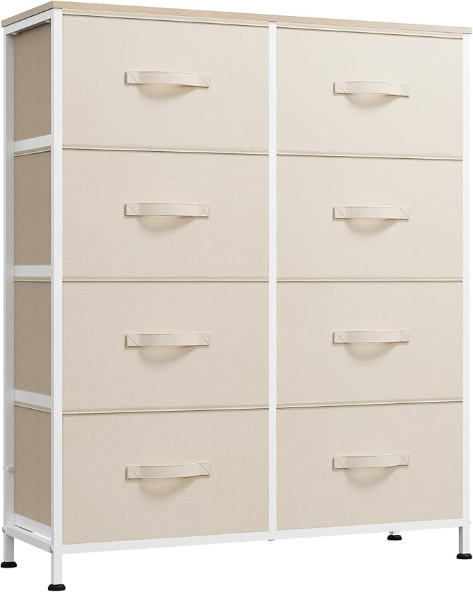 WLIVE Fabric Dresser for Bedroom, Tall Dresser with 8 Drawers, Storage Tower with Fabric Bins, Double Dresser, Chest of Drawers for Closet, Playroom, Dormitory, Cream White