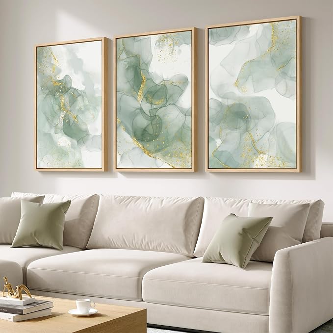 Large Framed Sage Green Abstract Wall Art for Living Room, 3 Piece 24x36 In | Green and gold pictures, Canvas prints, Modern minimalist painting, Artwork for walls, Wall decor for hallway stairway office