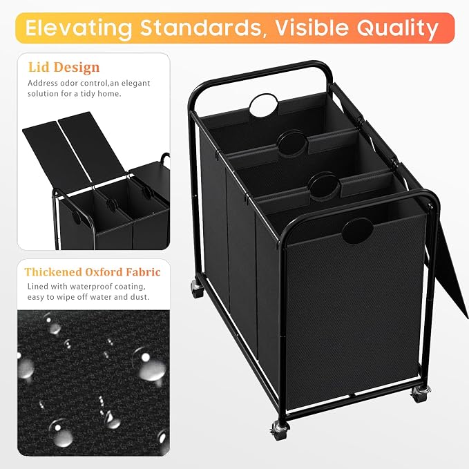 180L Laundry Sorter 3 Section, Rolling Laundry Basket with Wheels and Lid | 47.55 Gal Laundry Hamper, 3 Separated Removable Bags, Lockable Wheels, Dirty Clothes Hamper for Laundry Room Organizer, Black