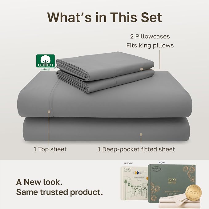 California Design Den Luxury 600 Thread Count Cotton Sheets King, Mist Grey | 100% Cotton Sateen Backed by Good Housekeeping Seal, Soft & Smooth, 16" Deep Pocket, All-Around Elastic, Easy Care, 4 Pc Set