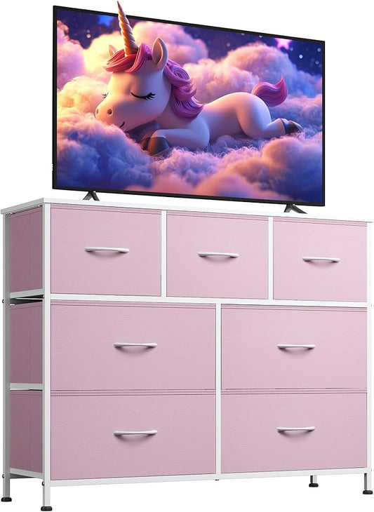 WLIVE Dresser for Bedroom, 7 Drawers, TV Stand, A-Pink | 7 roomy fabric drawers, Fits TVs up to 45 inch, Bedroom or living room, Wide storage design, Chest of drawers