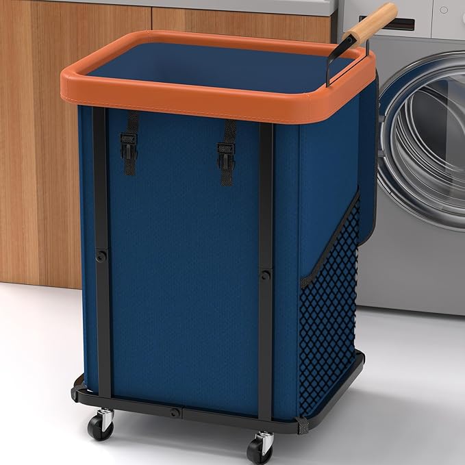 150L Laundry Basket with Wheels, Rolling Basket Hamper with Lid & Handle | Laundry Organizer Storage Cart with Heavy Duty Sturdy Metal Frame for Home, Hotel, Laundry Room - Dark Blue