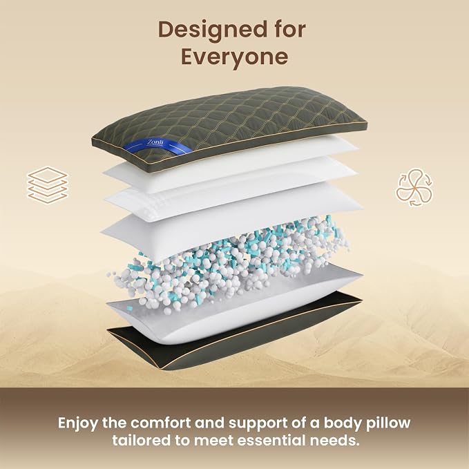 ZonLi Long Body Pillow for Adults, Gold Thread Quilted Gourd Pattern Cover, Soft Durable Adjustable Shredded Memory Foam, Comes with Extra 7 Oz Shredded Foam, Ideal for Side Sleepers, Dark Gray