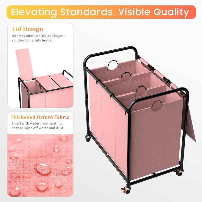 180L Laundry Sorter 3 Section, Rolling Laundry Basket with Wheels and Lid | 47.55 Gal Laundry Hamper, 3 Separated Removable Bags, Lockable Wheels, Dirty Clothes Hamper for Laundry Room Organizer, Pink