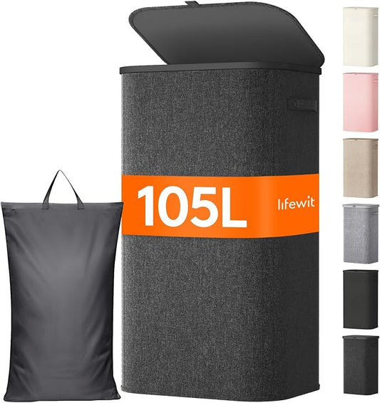 Lifewit 105L Large Laundry Basket with Lid, Laundry Hamper with Plastic Handles and Removable Bag, Foldable Tall Dirty Clothes Hampers for Laundry for Laundry Room, Bedroom, Bathroom, Dorm, Dark Gray