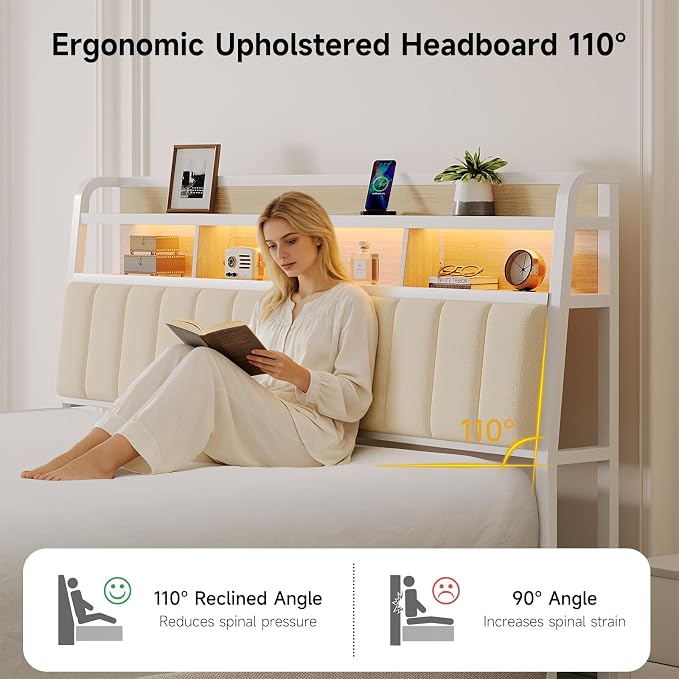 ComfyCorner King Size Headboard with Storage & LED Light, Off White | Upholstered Ergonomic Head Board with Power Outlets & 2-Tier Storage, King Headboard Only, Bed Frame Mounting, Heavy Duty