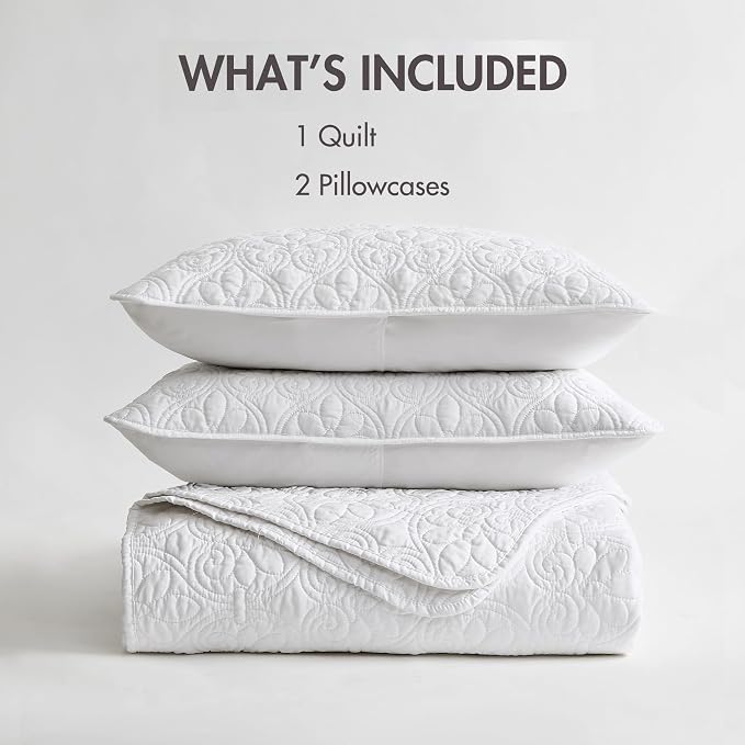 Madison Park Luxurious Cotton Damask Quilt Set, 3PC King/Cal King Bed Set | All Season, Lightweight Stitching Coverlet Bedspread Bedding Stitching with Shams, White