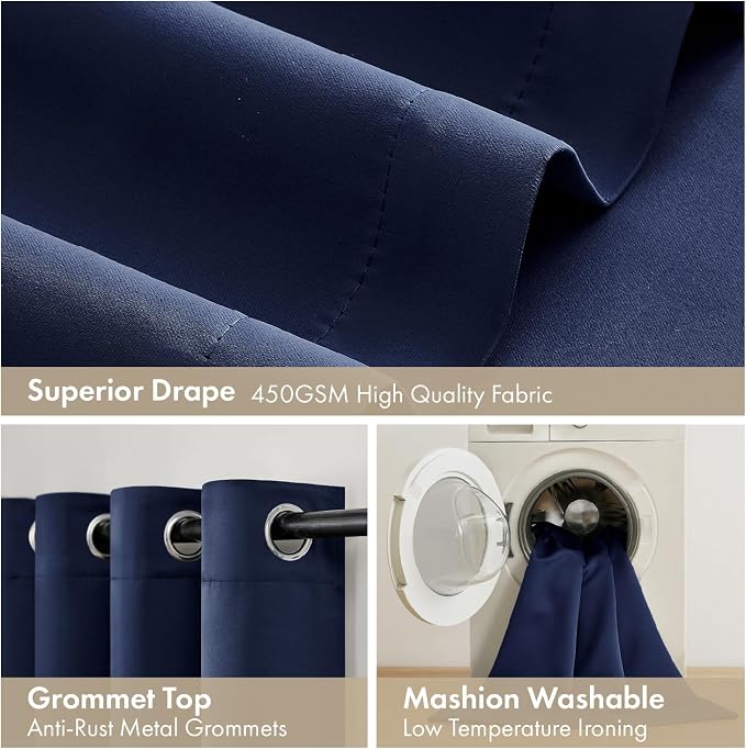 MIULEE Navy Blue 100% Blackout Curtains for Bedroom 90 Inch Long Drapes | 2 Thick Layers Thermal Insulated Window Curtains with Black Liner, Noise Reducing Grommet, Drapes for Living Room, 2 Panels