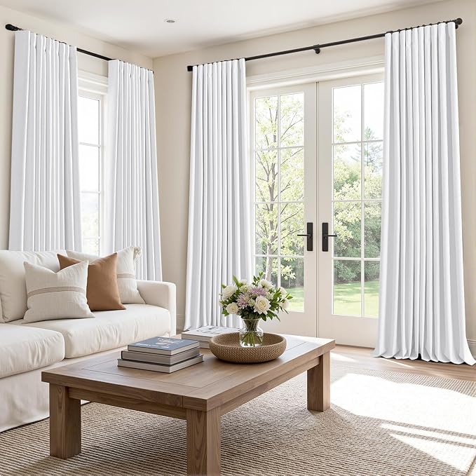 MIULEE 100% Blackout Back Tab Pleat Linen Curtains 50" Wx96 L,Bright White | 2 Panels,Thick Faux Linen,Textured Drapes,with Hooks,for Bedroom Living Room,Black Out,Room Darkening