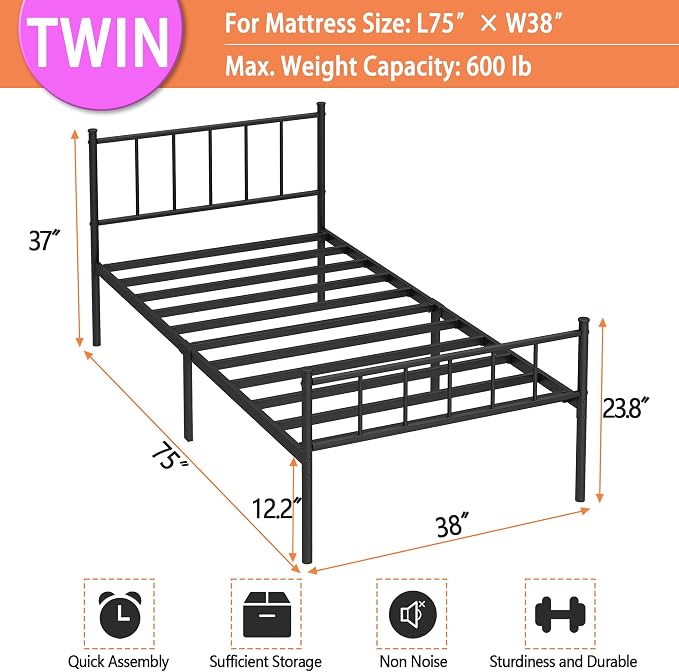 DIIYIV Twin Metal Bed Frame,Steel Slat Support,Noise Free,Easy Assembly | Twin Size Bed,Mattress Foundation,Underbed Storage,No Box Spring Needed