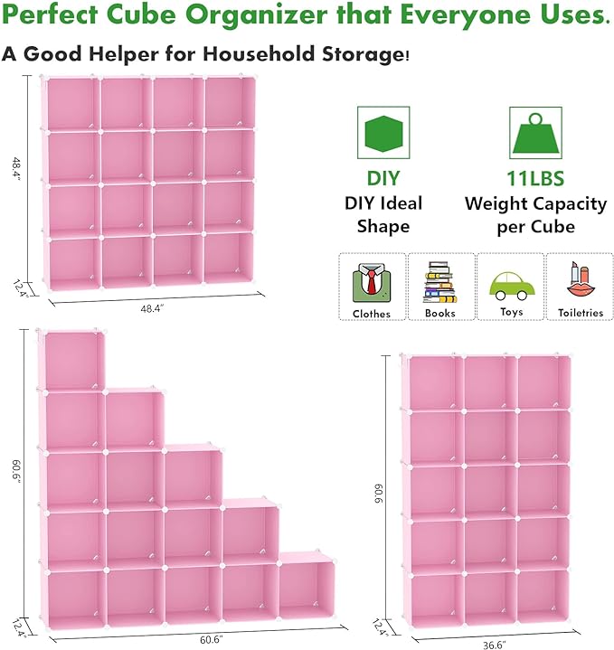 C&AHOME 16 Cube Storage Organizer Cube Shelves Units Storage Cubes, Pink | Plastic DIY Closet Organizer, Stackble Modular Closet Storage Shelves Ideal for Home, Bedroom, 48.4" L × 12.4" W × 48.4" H