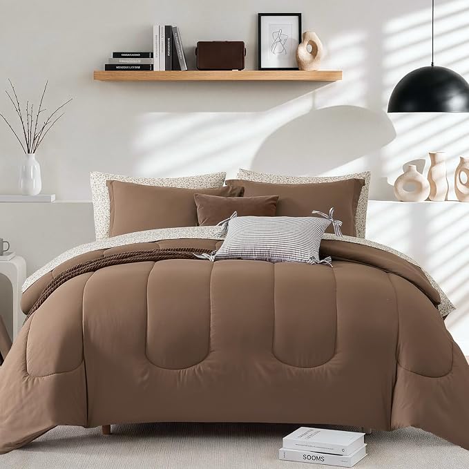 Monbix Full Size Comforter Sets - 7 Pieces Bed in a Bag Full Bedding Set | All Season Brown Lightweight Comforter Bed Set with Printed Sheets, Pillowcases & Shams