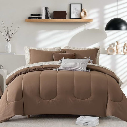 Monbix King Size Comforter Set, 7 Pieces Soft Bed in a Bag King Bedding Set | All Season Brown Track Stitching Comforter with Printed Sheets, Pillowcases & Shams