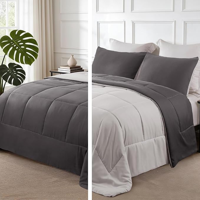 Exclusivo Mezcla Reversible Soft Twin Comforter Set, 2 Pieces | Grey Lightweight Microfiber Down Alternative Comforters, All-Season Bedding with 1 Pillow Sham