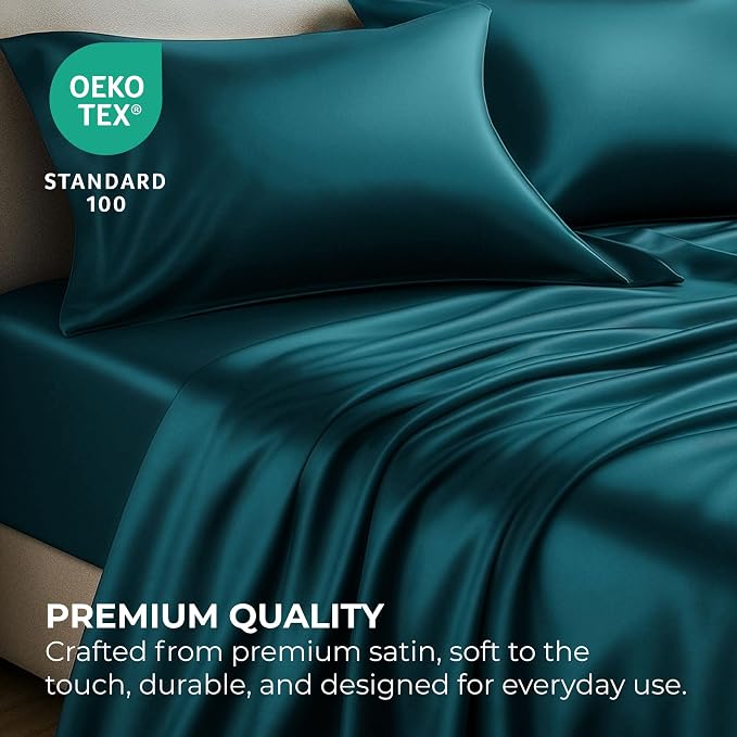 Satin Sheets King [4-Piece, Teal] Hotel Luxury Silky Bed Sheets - Extra Soft 1800 Microfiber Sheet Set, Wrinkle, Fade, Stain Resistant - Deep Pocket Fitted Sheet, Flat Sheet, Pillow Cases