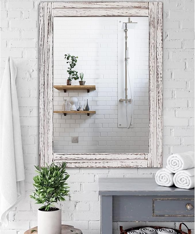 AAZZKANG Large Wall Mirrors with Rustic Wood Framed 28"x20" Rectangle | Decorative Farmhouse Bedroom Bathroom Living Room Entryway