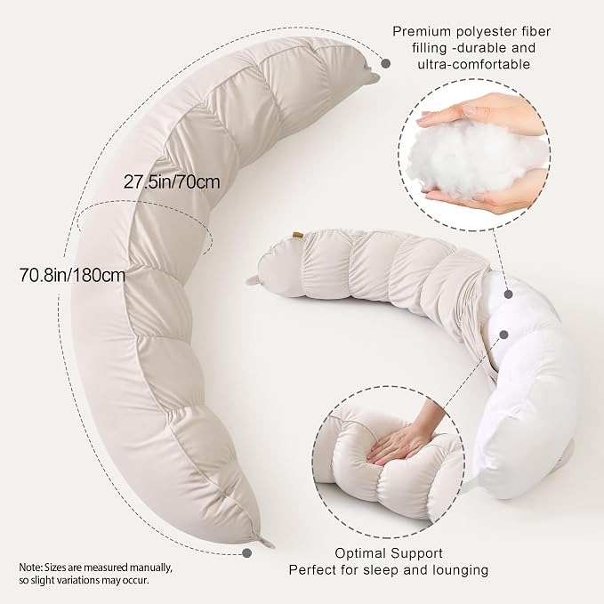 Peallow(Pat. Pend) – Long Round Body Pillow for Adults, Bolster Pillow for Sleeping, Soft and Supportive Pillow for Sleeping & Lumbar Support (Misty White,59")