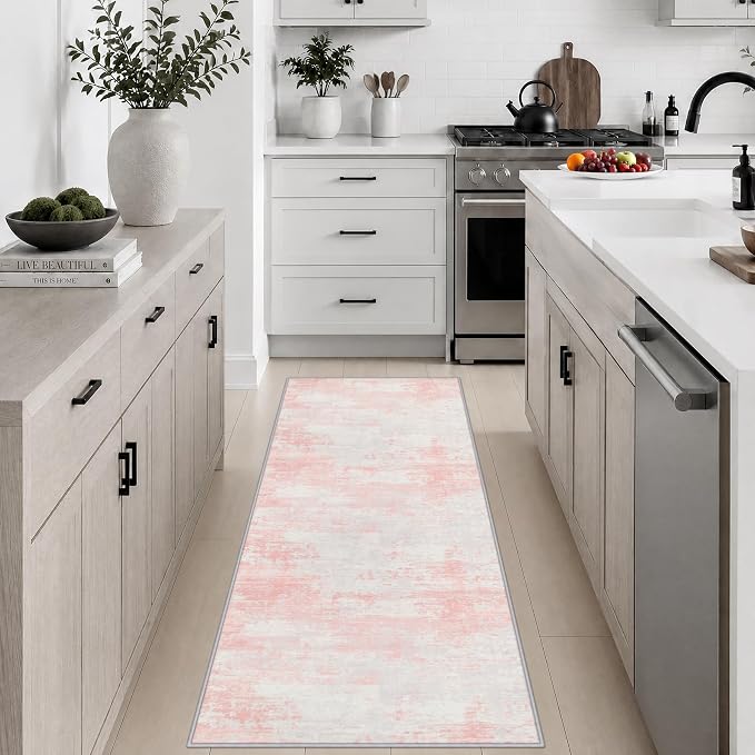 2x5 Washable Runner Rug：Modern Abstract Soft Carpet Pink White | For Hallway, Bedroom, Kitchen, Laundry, Bathroom,Door Mat,Modern Abstract,Machine washable,Non-Slip,Stain Resistant,Indoor